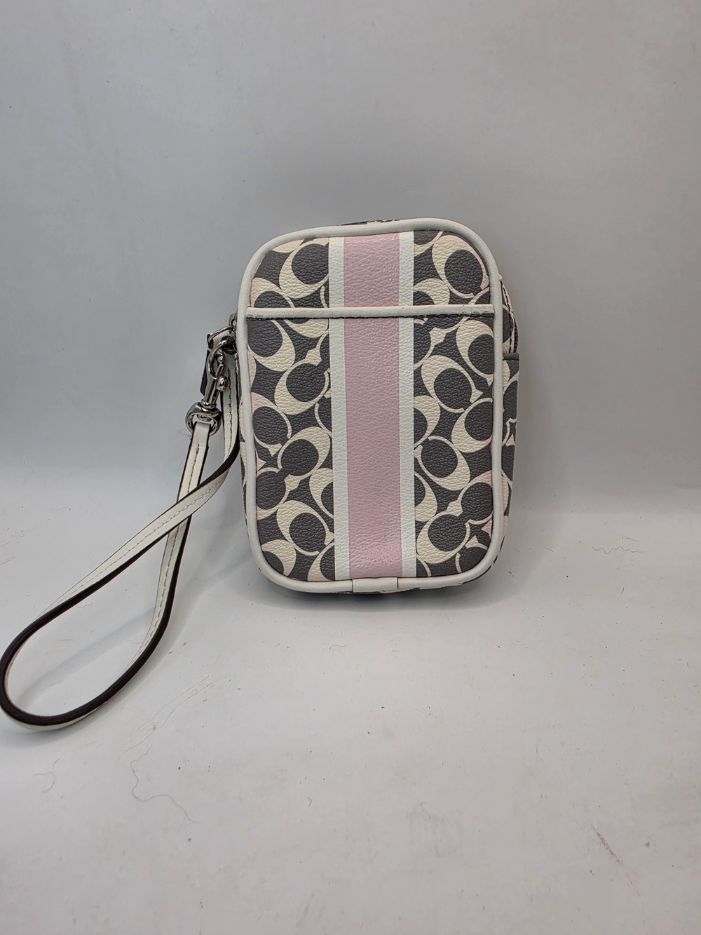 Coach Y2K Gray Pink Signature Print Patent Pebbled Leather Wristlet Phone Case